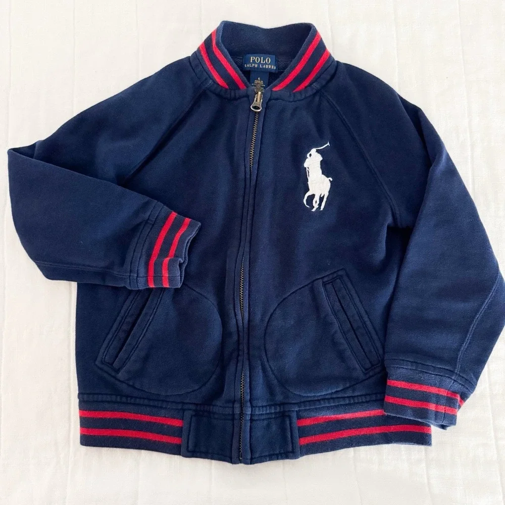 Polo Ralph Lauren Boys Bomber Jacket‎ Size 6 Navy Large Pony Varsity Cotton